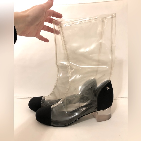 Chanel Vintage Spring Summer 2018 Transparent Black Toe Cap Lucite Heel Boots 38 - Picture 3 of 9
